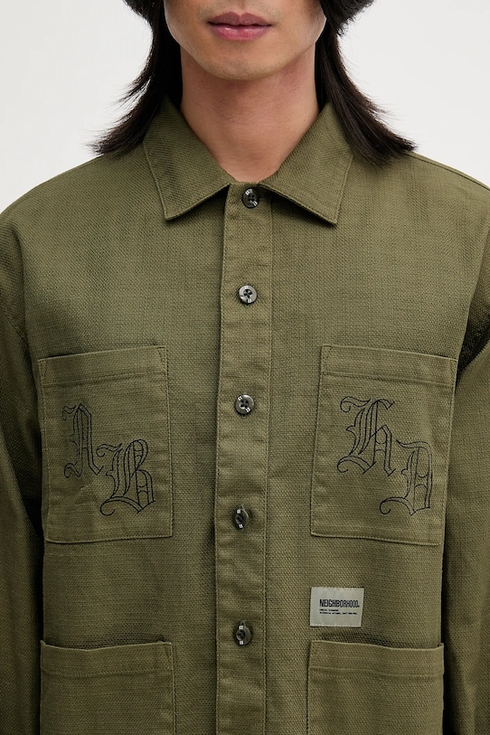 NEIGHBORHOOD cămașă din amestec de in EMBROIDERY verde 251AQNH.SHM03
