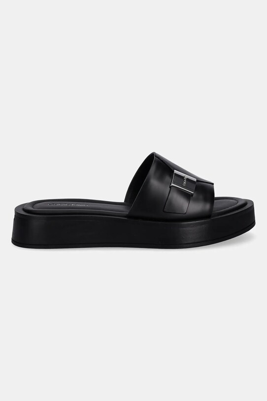 Calvin Klein klapki skórzane FLATFORM SLIDE W/CK HW - LTH HW0HW02368 czarny SS25