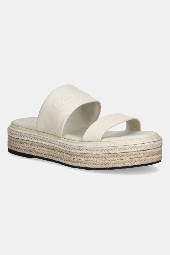 Δερμάτινες παντόφλες Calvin Klein FLATFORM WEDGE SLIDE - HE ίσια πλατφόρμα μπεζ HW0HW02374