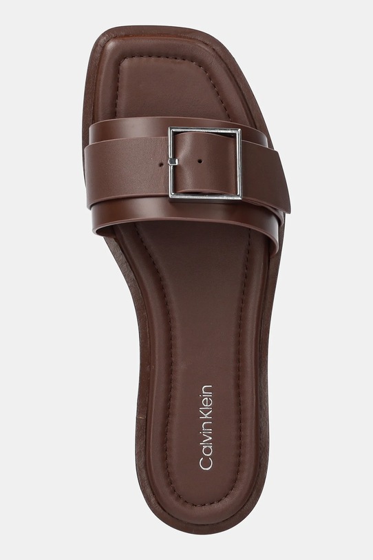 Calvin Klein klapki skórzane FLAT SLIDE W/BUCKLE - LTH brązowy HW0HW02490