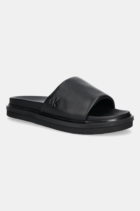 Pantofle Calvin Klein Jeans FLAT MOLDED SLIDE SANDAL LTH přírodní kůže černá YM0YM01225