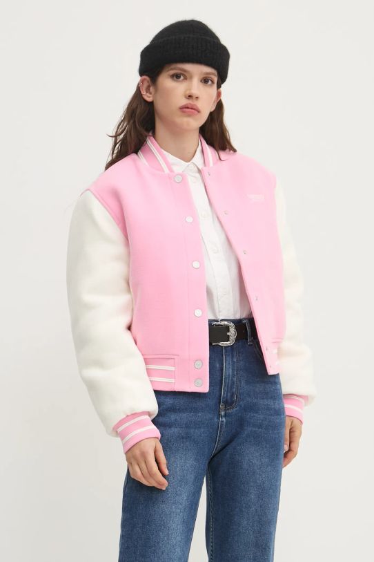 Tommy Jeans jachetă bomber din amestec de lână cu captuseala roz DW0DW19320