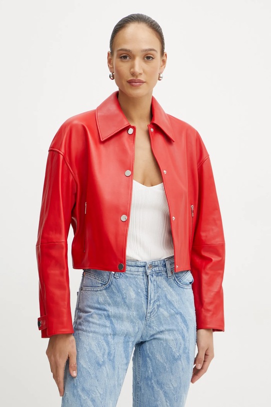 Kožená bunda BOSS bez kapuce červená 50535759