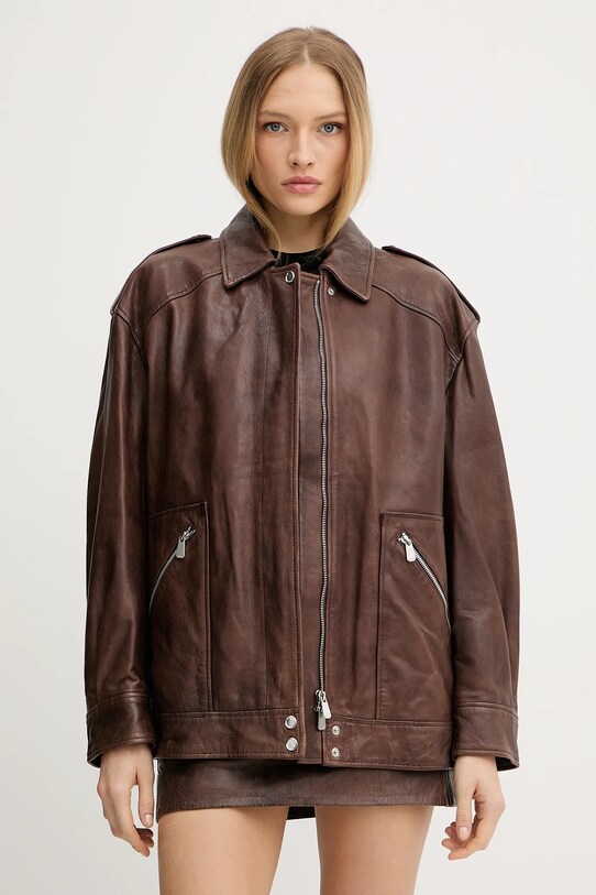 Kožená bunda Pinko oversize hnedá 105012.A2I1