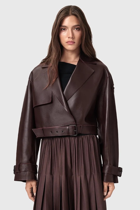 Usnjena jakna AllSaints OPHELIA Oversize bordo W045LB