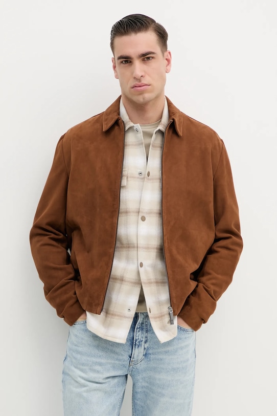 Semišová bunda Calvin Klein bez kapuce hnědá K10K114110