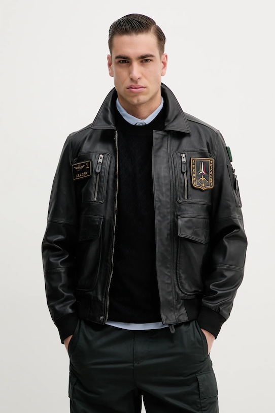 Aeronautica Militare geaca de piele cu captuseala negru PN5046PL265