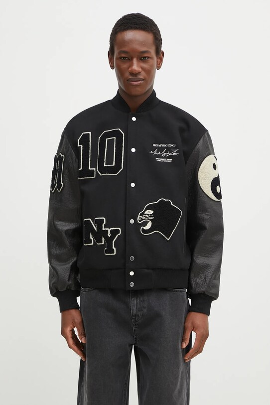 MKI MIYUKI ZOKU jacheta bomber din lana Patch Varsity cu captuseala negru PATCH.VARSITY.BLACK