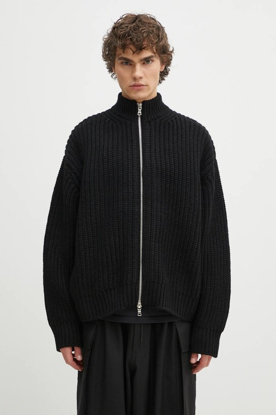 MKI MIYUKI ZOKU cardigan din amestec de lana Chuky Rib Knit Track Jacket uni negru CHUKY.RIB.KNIT.TRACK.BL