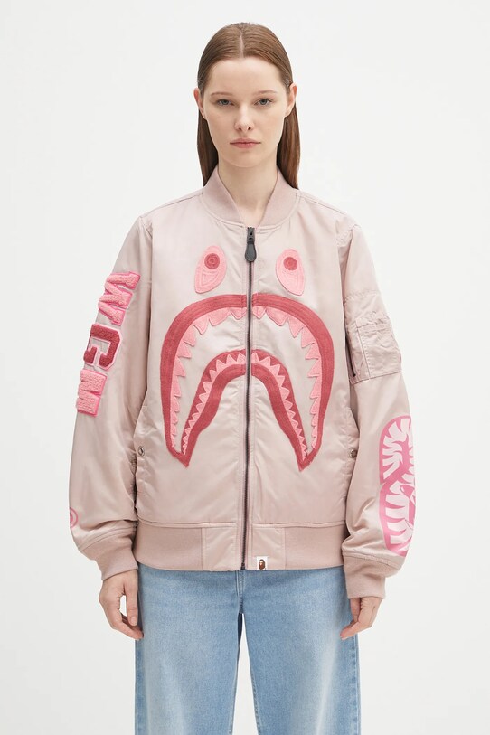 A Bathing Ape kurtka bomber Shark nylon twill bez kaptura różowy 1K80241005