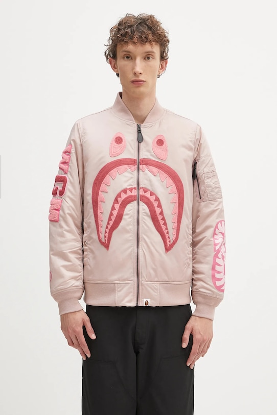 A Bathing Ape kurtka bomber Shark nylon twill bez kaptura różowy 1K80241005