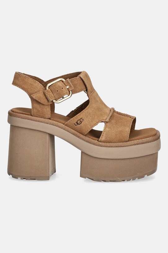 UGG sandale din piele întoarsă New Heights Platfort-Strap 1167478.CHE maro SS25