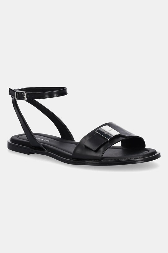Calvin Klein sandały skórzane FLAT SANDAL W/CK HW - LTH płaski czarny HW0HW02367
