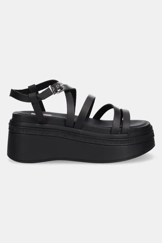 Tommy Jeans sandały skórzane WEDGY STRAPPY SANDAL EN0EN02756 czarny SS25