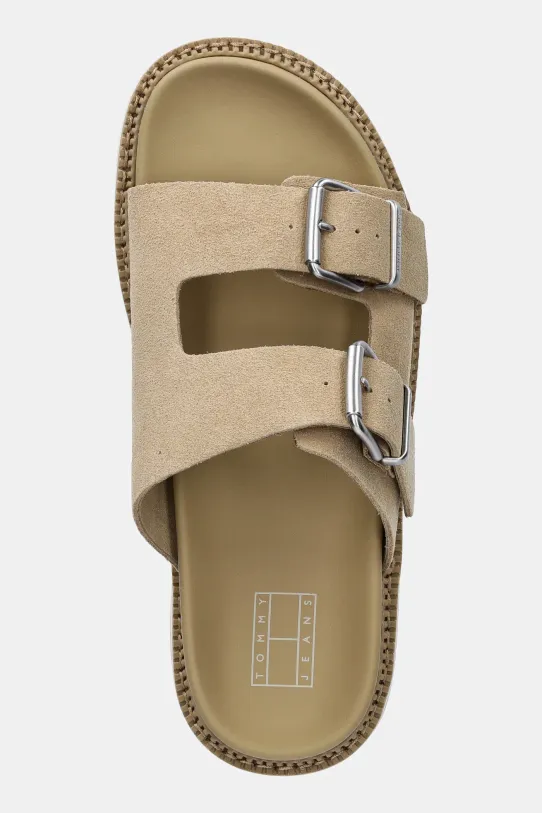 Παντόφλες σουέτ Tommy Jeans DOUBLE STRAP SANDAL SUEDE μπεζ EN0EN02797