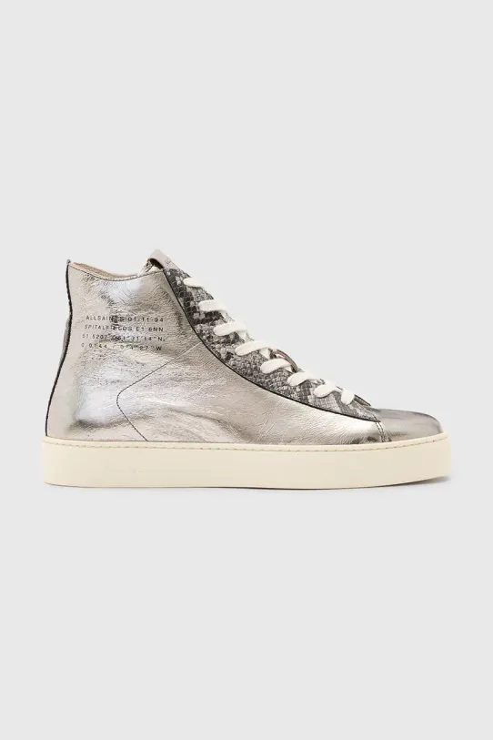 Kožené tenisky AllSaints Tana Metallic High Top plochá strieborná W118FB.SLV