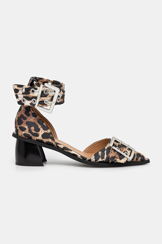 Balerinke GANNI Feminine Buckle Open Cut Pump Satin Print S2863 smeđa SS25