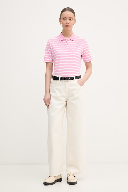 Tommy Hilfiger polo damskie z bawełną WW0WW43224 różowy SS26