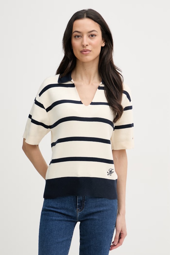 Tommy Hilfiger pletena polo majica ženska od pamuka bež WW0WW45400