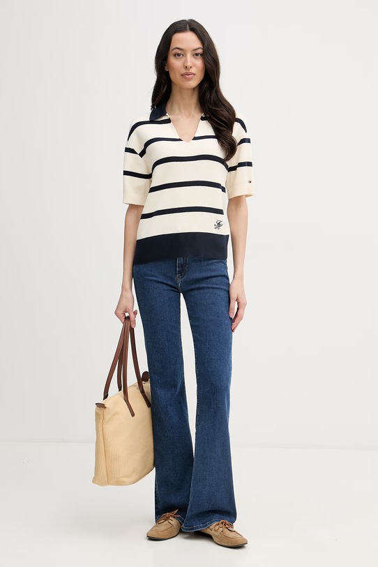 Tommy Hilfiger pletena polo majica ženska od pamuka WW0WW45400 bež SS26