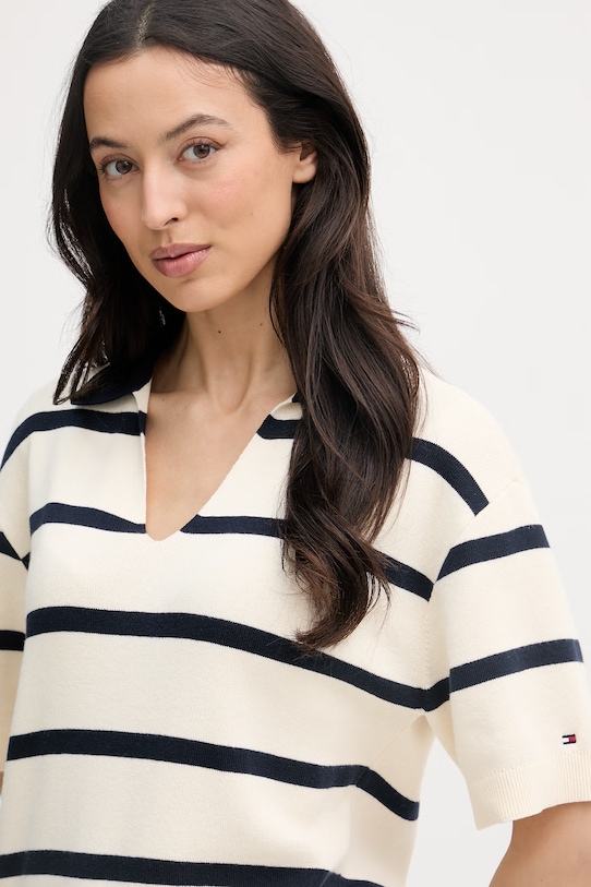 Tommy Hilfiger pletena polo majica ženska od pamuka bež WW0WW45400