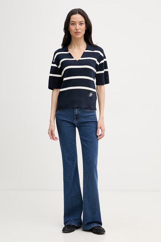 Tommy Hilfiger Pletena polo majica ženska od pamuka WW0WW45400 mornarsko plava SS26