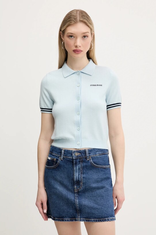 Guess Jeans tricou polo din amestec de lână model fin albastru W5GR03.Z3HO2