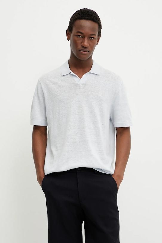 Les Deux polo in lino semplice blu LDM310120