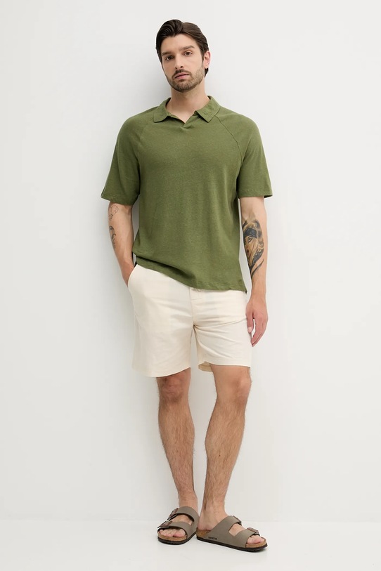 Ľanové polo United Colors of Benetton 3UTFU302A zelená SS25