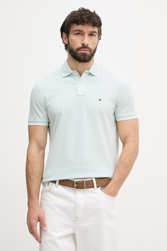 Tommy Hilfiger polo pánské s příměsí lnu tyrkysová MW0MW33140