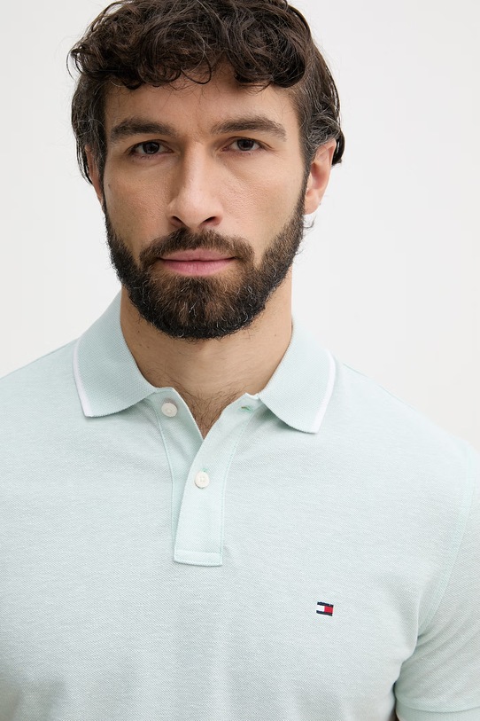 Tommy Hilfiger polo pánské s příměsí lnu tyrkysová MW0MW33140
