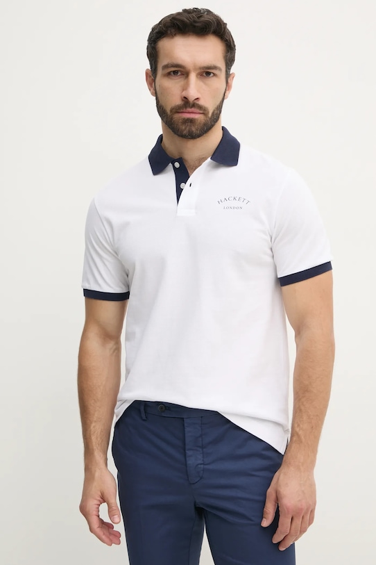 Bavlněné polo tričko Hackett London potisk bílá HM563421