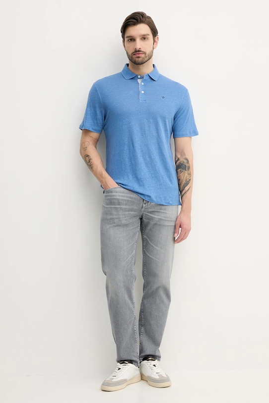 Hackett London polo lniane HM563435 niebieski SS25