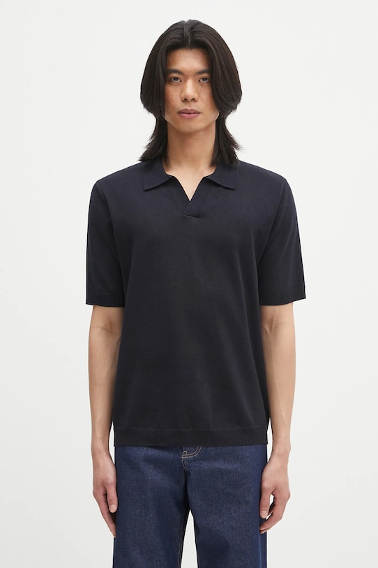 Plátěné polo tričko Norse Projects Leif Cotton Linen Polo hladký námořnická modř N45.0502.7004