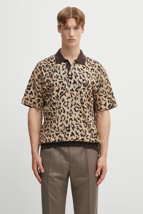 Wacko Maria polo bawełniane LEOPARD KNIT POLO SHIRT ( TYPE-1 ) wzorzyste beżowy 25SS.WMK.KN22