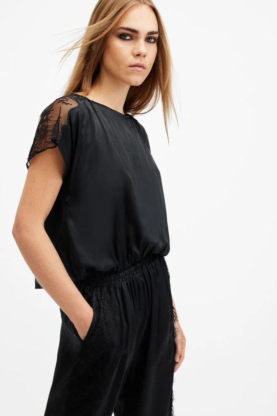 AllSaints salopetă de mătase MARI W050TB negru SS25