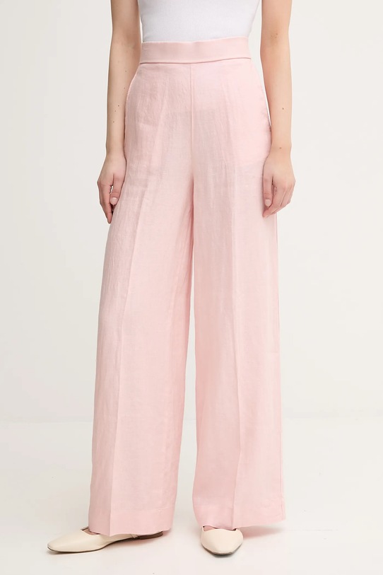 Lněné kalhoty United Colors of Benetton high růžová 4AGHDF08K