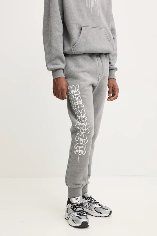 PURPLE BRAND spodnie dresowe bawełniane HWT FLEECE JOGGER nadruk szary P490.HHGG125
