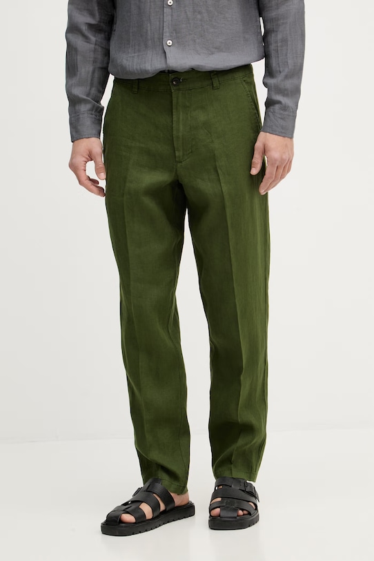 United Colors of Benetton kalhoty pánské lněné zelená 4AGH55HW8
