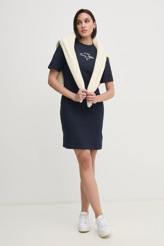 Bavlněné šaty Tommy Hilfiger WW0WW43830 námořnická modř SS25