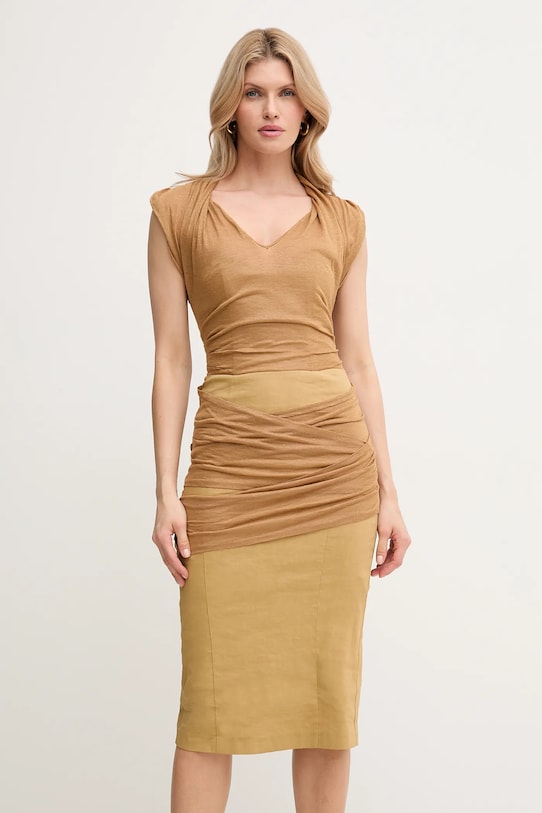 Pinko sukienka lniana z elastanem brązowy 104868.A2GF