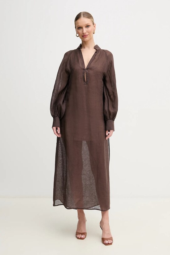 Lněné šaty Luisa Spagnoli 542150 hnědá SS25