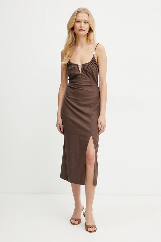 Lanena obleka Patrizia Pepe Z elastanom rjava 2A2885.A584