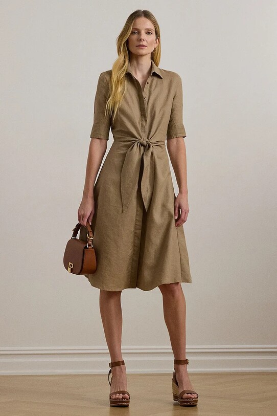 Lauren Ralph Lauren vestito di lino midi marrone 200905667