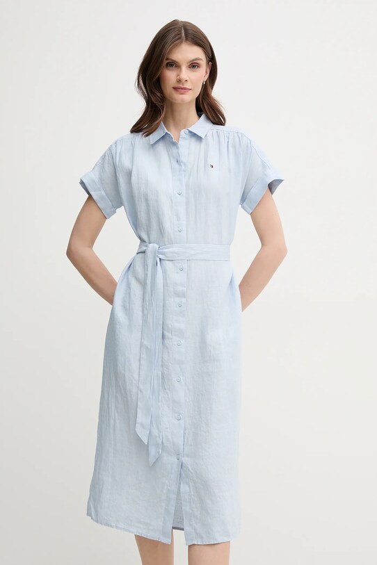 Lněné šaty Tommy Hilfiger midi modrá WW0WW44653