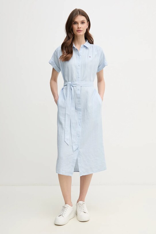 Lněné šaty Tommy Hilfiger WW0WW44653 modrá SS25
