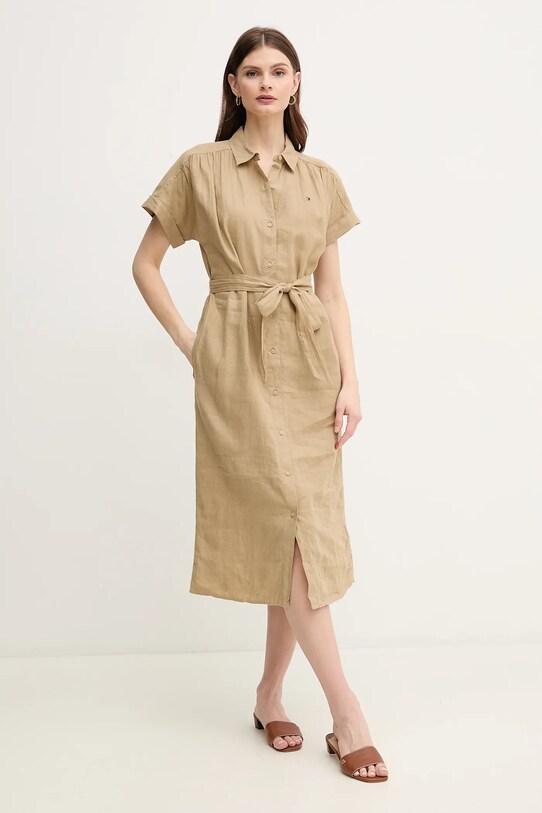 Ленена рокля Tommy Hilfiger WW0WW44653 зелен SS25