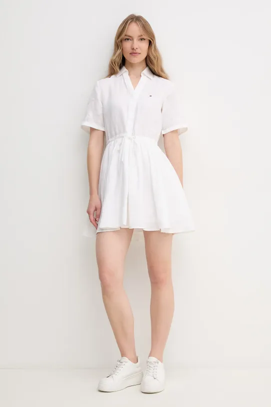 Lanena obleka Tommy Hilfiger bela WW0WW44672