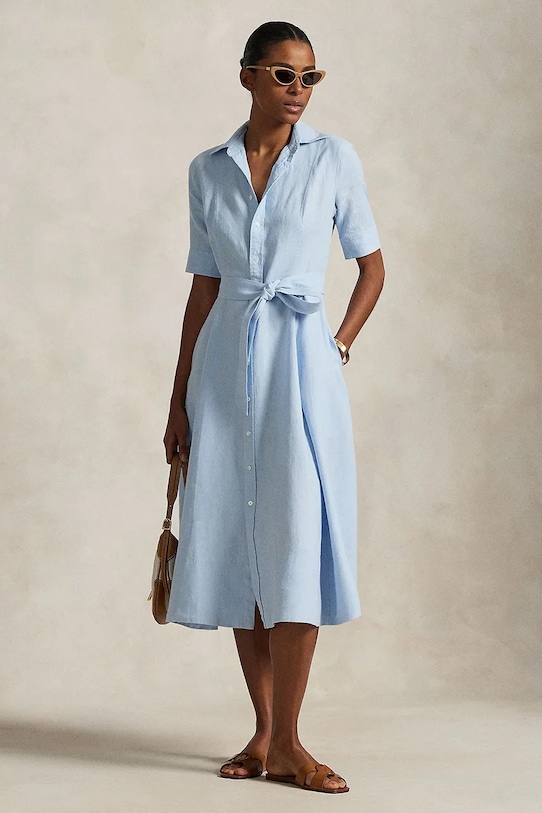 Polo Ralph Lauren rochie din in midi albastru 211969139