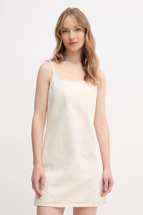 Šaty s příměsí lnu Calvin Klein Jeans mini béžová J20J225168